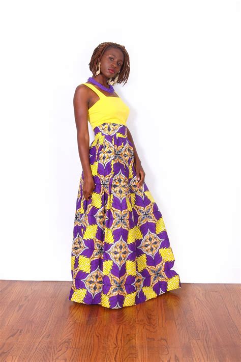 Shope African Print Maxi Skirt Purple Yellow Women Maxi Skirt Ankara