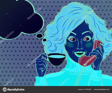 Sexy Pop Art Woman Coffee Cup Advertising Poster Comic Style Stock