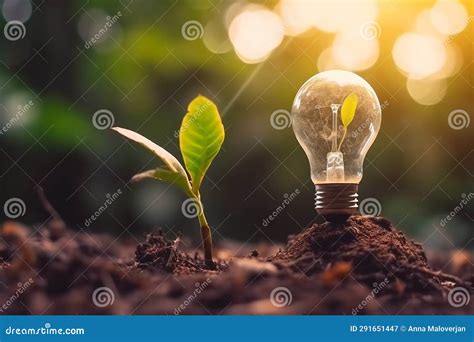 Lightbulb With Small Plant On Soil And Sunshine Concept Saving Energy