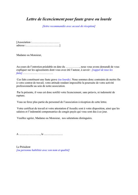 Modele De Courrier Licenciement Pour Faute Grave