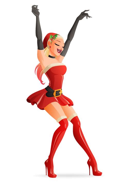 Pretty Woman In Red Christmas Santa Claus Party Costume Dancing Cartoon Style Vector