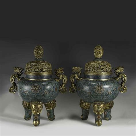 PAIR QING GILT BRONZE CLOISONNE LARGE INCENSE BURNERS PAIR QING GILT