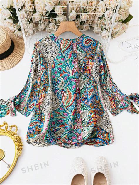 Shein Lune Plus Size Paisley Printed Tie Cuff Blouse Shein Uk