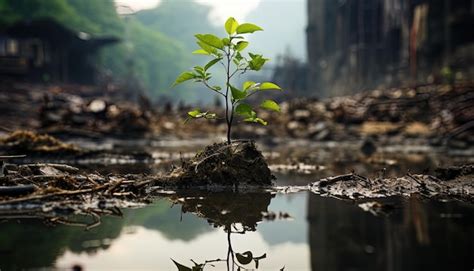 Premium Photo A Small Plant Is Growing In A Muddy Puddle