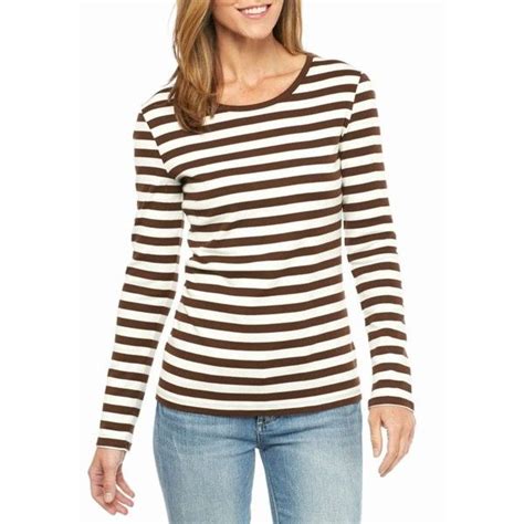 New Directions Weekend Brown Rigg Ribbed Long Sleeve Stripe Tee