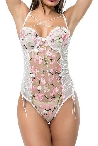 Lingerie Body Sexy Floral Bordado Renda Importada Parcelamento Sem Juros