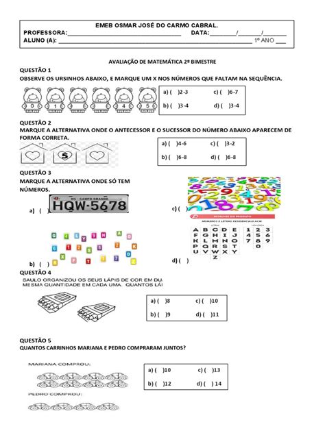 Avaliação De Matematica 1 Ano 2 Bimestre - Avaliação de Matemática 1º Ano - 2º Bimestre | PDF