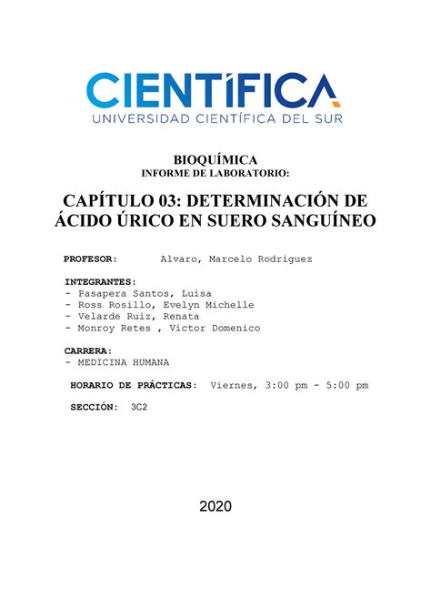 Determinación DE Ácido Úrico EN Suero Sanguíneo BIOQUÍMICA INFORME DE