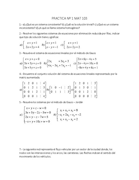 Practica Nº 1 MAT 103 algebra lineal PRACTICA Nº 1 MAT 103 1 a