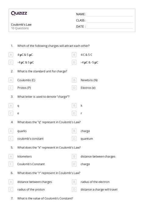 Coulombs Law And Electric Force Worksheets For Th Grade On Quizizz