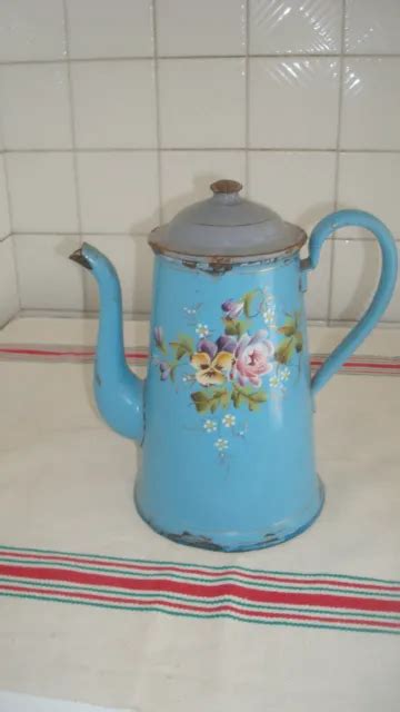 CAFETIÈRE ÉMAILLEE ANCIENNE bleue relief 45at23 EUR 28 00 PicClick FR