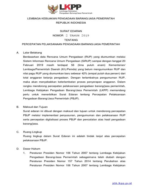 Surat Edaran Kepala Lkpp Nomor 2 Tahun 2019 1047 1 Pdf