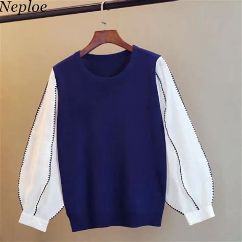 Neploe 2019 Autumn New Korean Knitwear Long Chiffon Sleeve O Neck Sweater Patchwork Fake Two