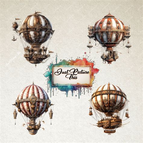 Steampunk Hot Air Balloon Clipart Vintage Airship PNG Digital