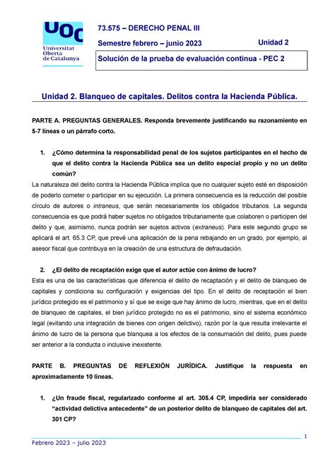 73 575 PEC2 SOL 73 DERECHO PENAL III Semestre Febrero Junio 2023