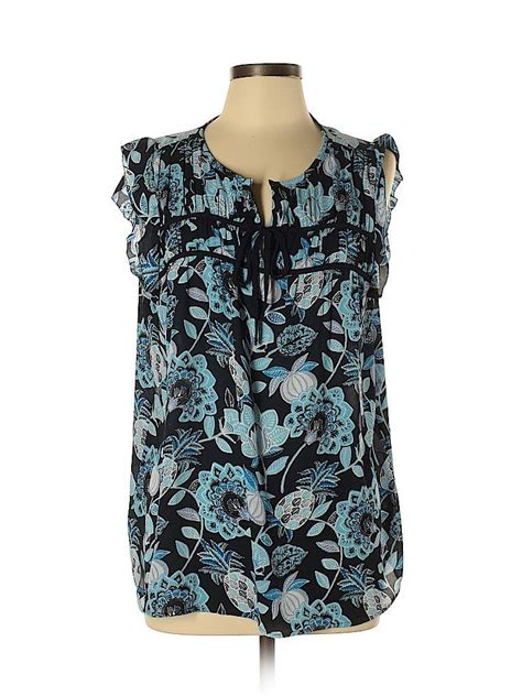 Ann Taylor Loft 100 Polyester Floral Tropical Blue Sleeveless Blouse