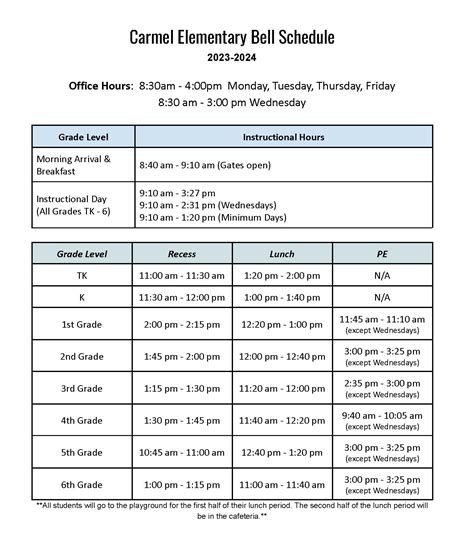 BELL SCHEDULE | Carmel Elementary School