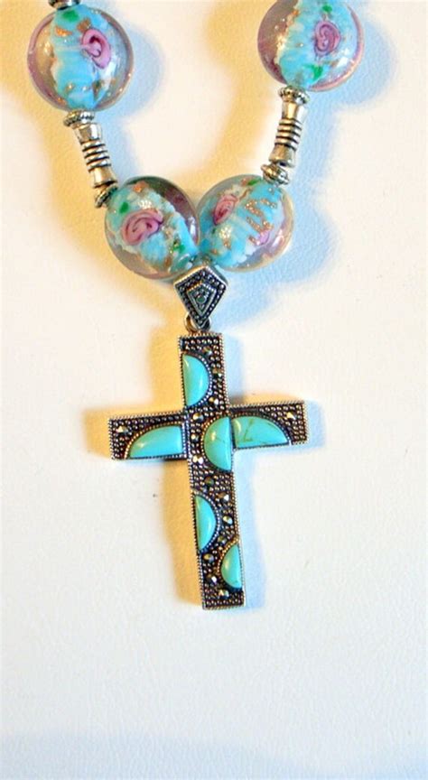 Vintage Turquoise Cross Necklace Sterling Handmade