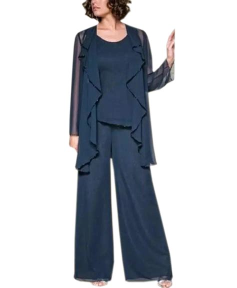 Fitty Lell Womens Chiffon Mother Of The Bride Dresses Pant Suits With Jacket Long Sleeves