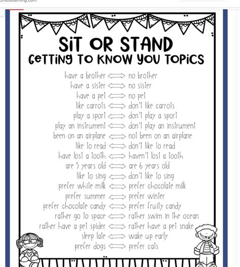 A Poster With Words That Say Sit Or Stand Getting To Know You Topics