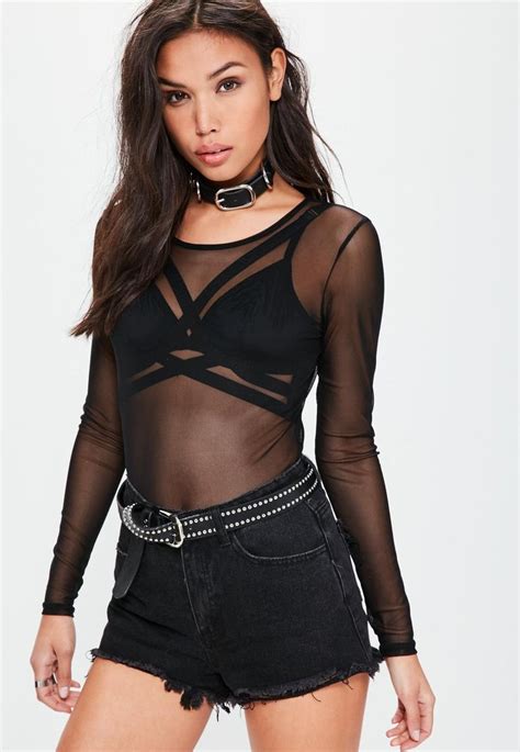 Missguided Black Long Sleeved Mesh Bodysuit Cami Outfit Fashion