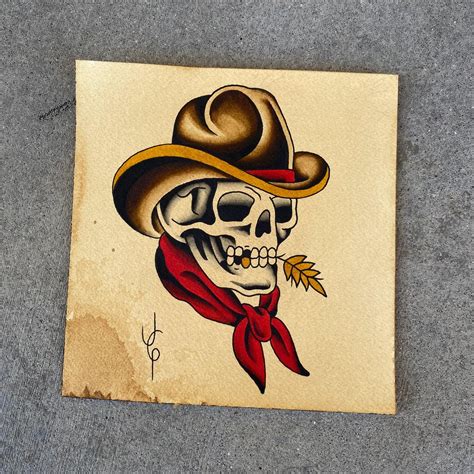 Cowboy Skull American Traditional Tattoo Flash Print Etsy Traditional