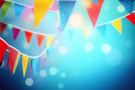 Premium Photo Colorful Paper Bunting Party Flags On A Blue Background With Bokeh Effect