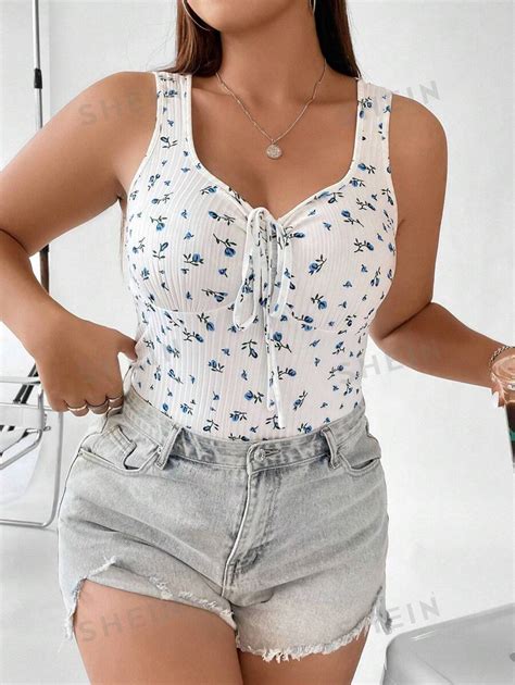 Shein Qutie Plus Ditsy Floral Print Knot Front Tank Top Shein Uk