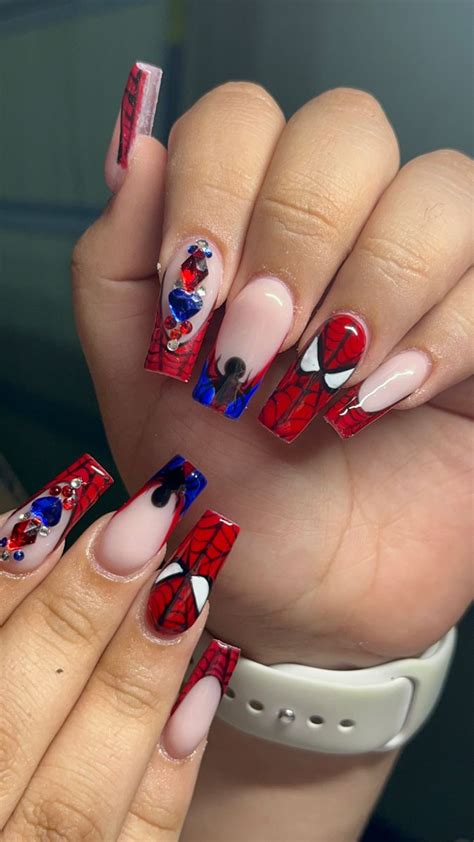 Spiderman Nails In 2023 Unique Acrylic Nails Quinceanera Nails Cute