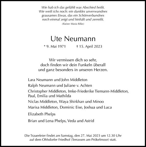 Traueranzeigen Von Ute Neumann HamburgerTRAUER De