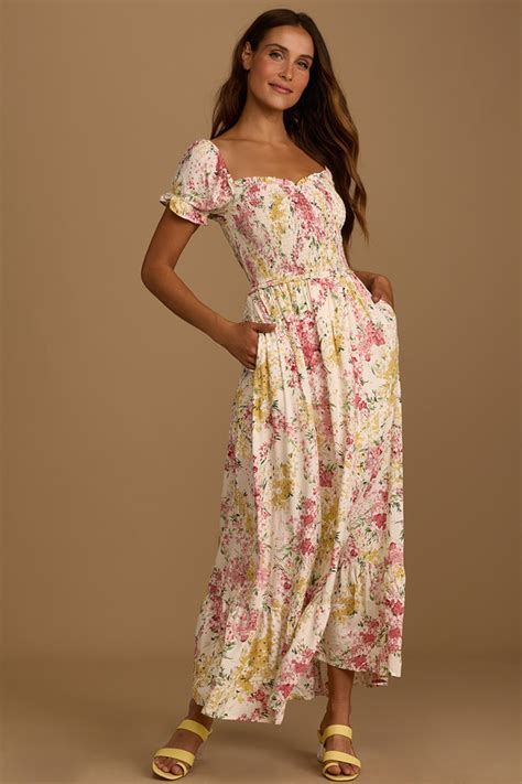 Cream Floral Print Dress Ruffled Maxi Dress Puff Sleeve Dress Lulus