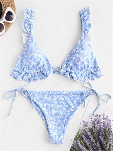 [37 Off] 2021 Zaful Ditsy Print Ruffle High Leg Bikini Swimwear In