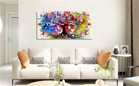 Arbre De Vie Color Cadre En Bois Impression Sur Toile Papillon Fleurs