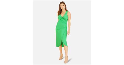 Mela Green Satin Sleeveless Ruched Midi Wrap Dress New Look