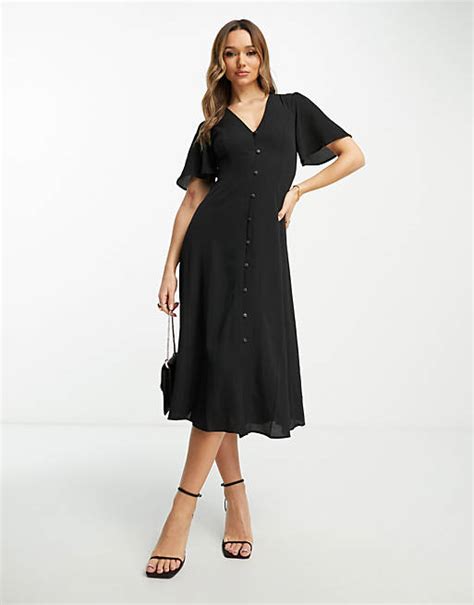 Asos Design Button Through Tie Back Midi Tea Dress With Angel Sleeve In