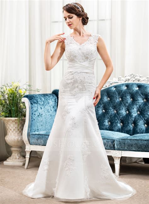 Trumpet Mermaid V Neck Sweep Train Lace Wedding Dress With Ruffle