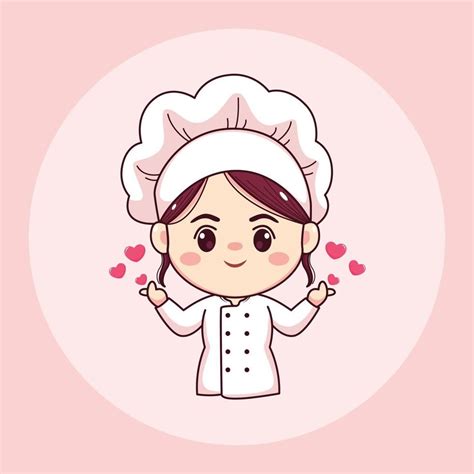 Cute And Kawaii Female Chef Or Baker With Love Sign Cartoon Manga Chibi