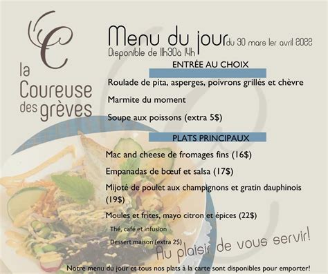 Menu Au Restaurant Caf La Coureuse Des Gr Ves Inc Saint Jean Port