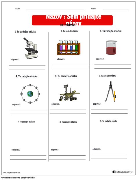 Pracovný list testov a kvízov pre popis Storyboard