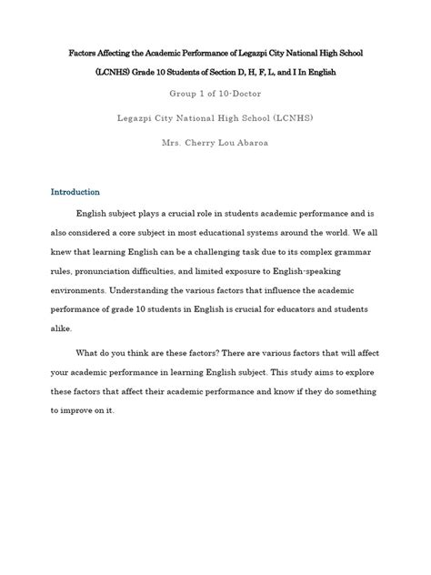 Factors Affecting The Academic Performance Of Legazpi City National