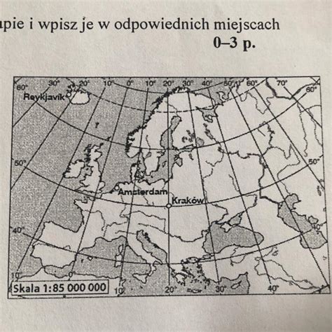 4 Na mapie z zadania 3 zaznacz i podpisz miasta których współrzędne