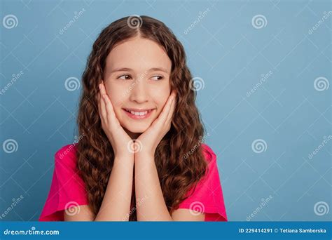 Portrait Of Dreamy Nice Attractive Girl Hands Cheekbones Toothy White