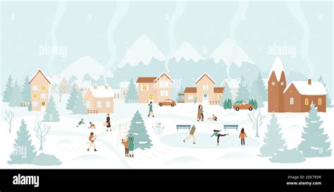 Winter village, snow Christmas landscape vector illustration. Cartoon ...