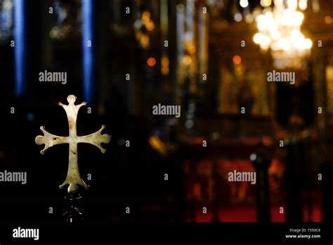 Metallic Rounded Golden Cross Inside A Church Stock Photo Alamy