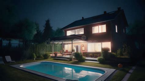 Modern Luxury House with a Swimming Pool at Night, Neural Network Generated Image Stock ...