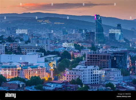 Georgia, Tbilisi, Narikala Fortress, high angle city skyline Stock ...