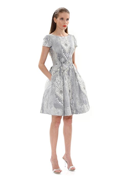 Metallic Jacquard Short Sleeve Party Dresses Silver Dress Party Dress