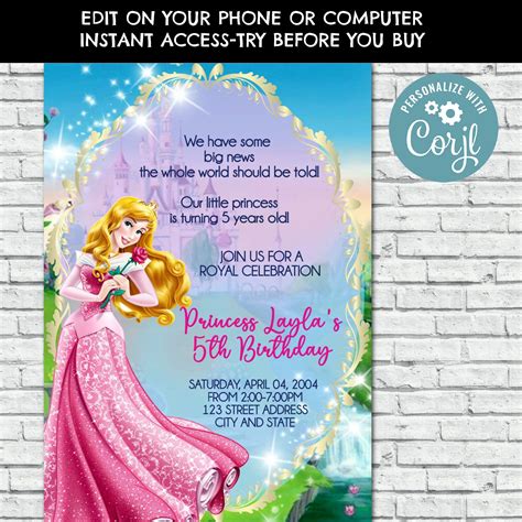 Princess Aurora Birthday Invitation Aurora Invite Princess Birthday