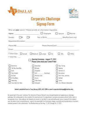 Fillable Online Utdallas Corporate Challenge Signup Form The