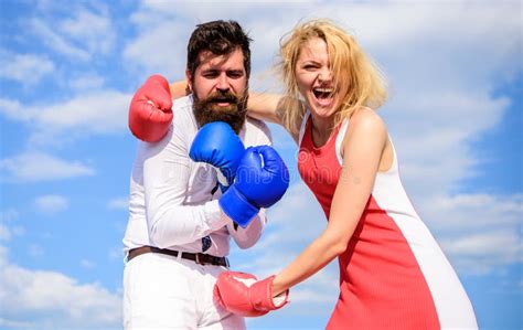 Relations As Struggle Concept Man And Woman Fight Boxing Gloves Blue